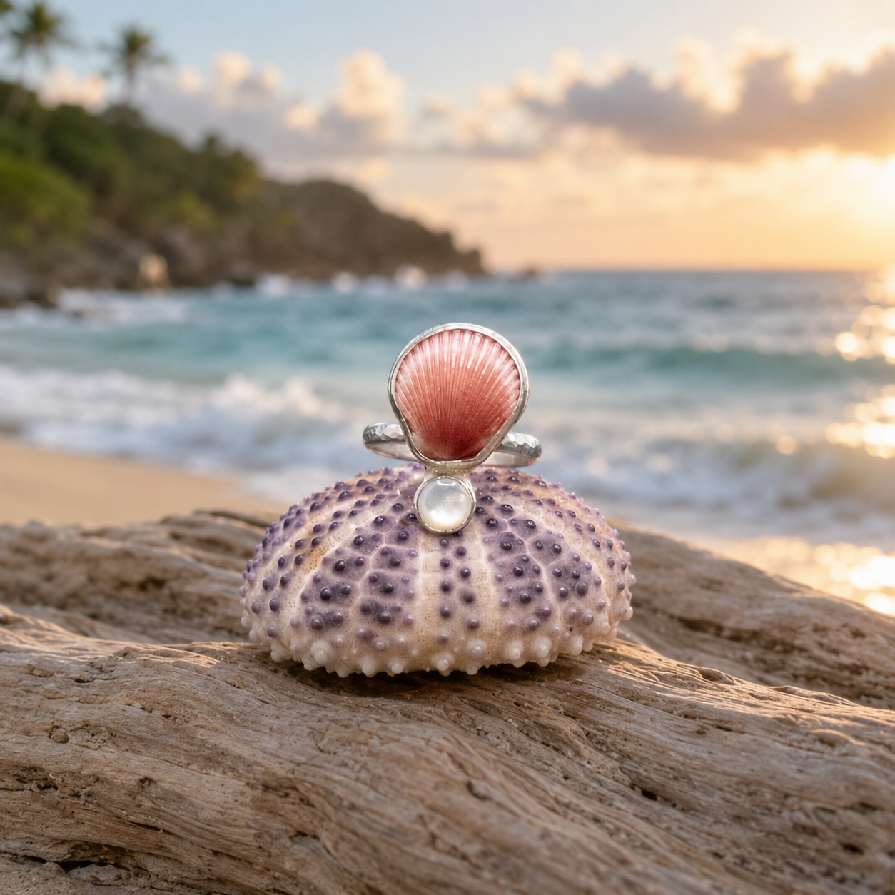 Sea Shell & Mother-of-Pearl Ring | Hammered Sterling Silver | Size 8