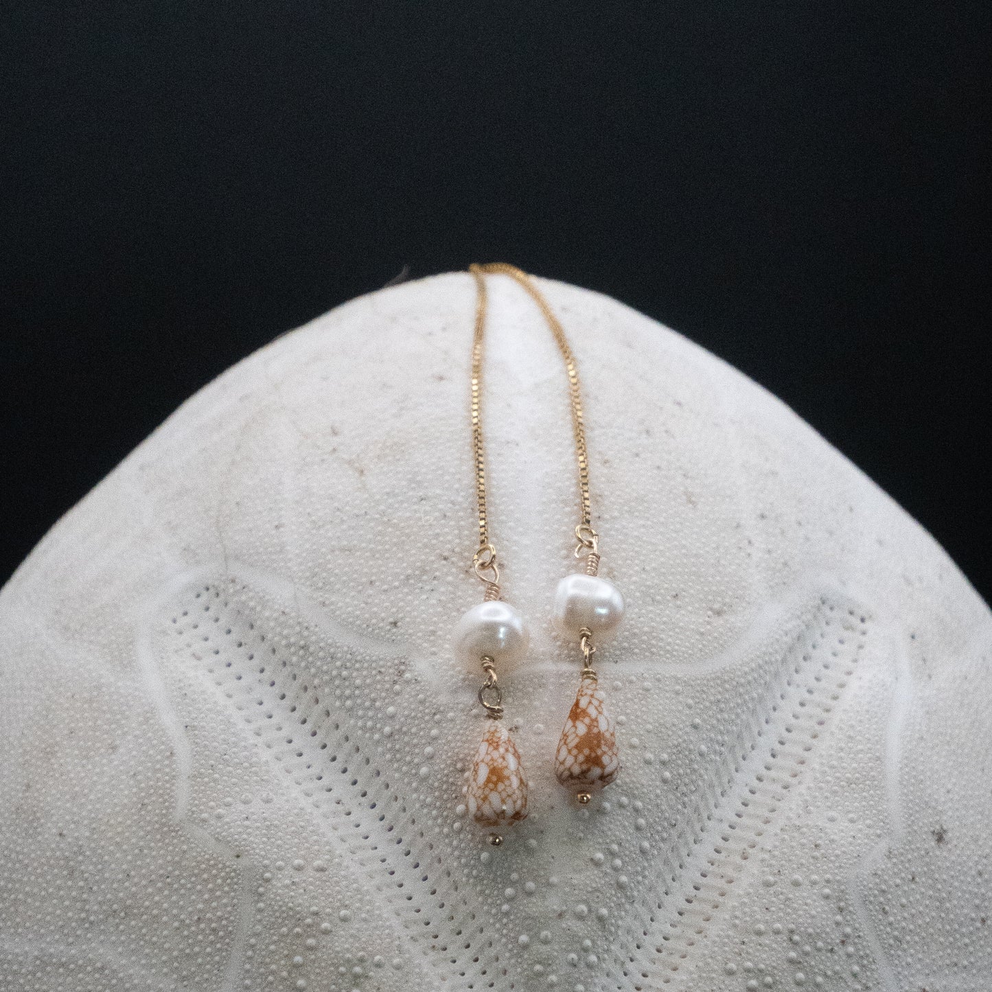 Hawaiian Penniform Cone Shell Thread Dangle Earrings with Pearls | Gold Filled