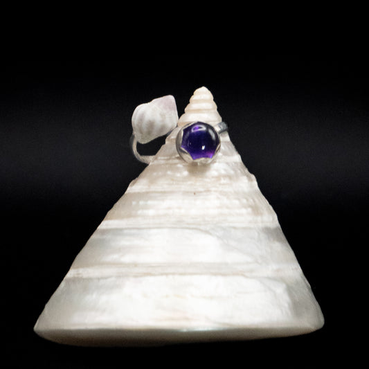 Amethyst Hawaiian Sea Shell Ring | Hammered Sterling Silver Bypass Ring | Size 6.5