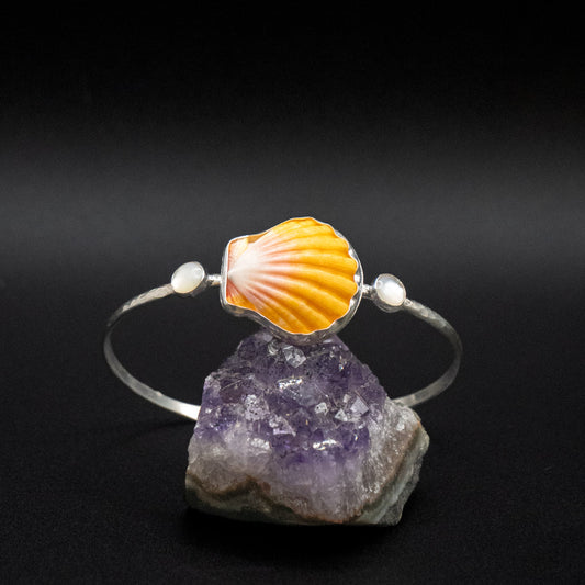 Sunrise Shell and Mother of Pearl Cuff | Hammered Sterling Silver | Size L (Up to 7.25" Wrist)
