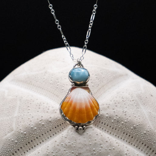 Hawaiian Sunrise Shell and Larimar Pendent Necklace