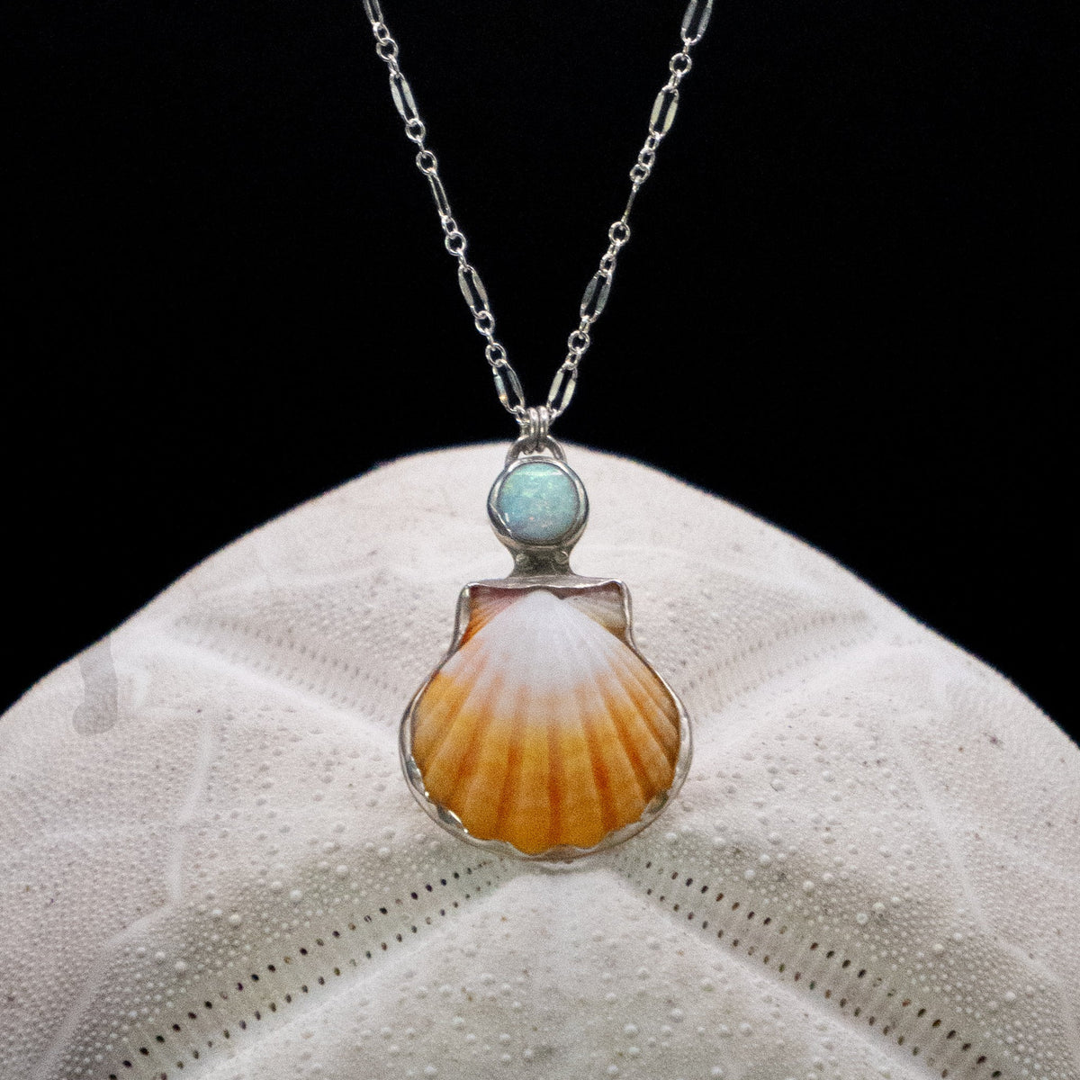 Hawaiian sunrise shell and opal pendant necklace handcrafted in sterling silver